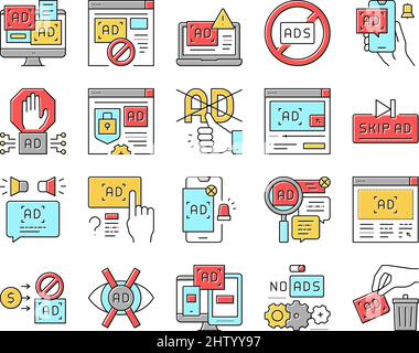 No Ads Advertise Free Collection Icons Set Vector . Illustrazione Vettoriale