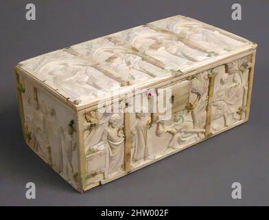 Arte ispirata a Casket, 14th secolo, made in France, Francese, Avorio, Totale: 3 3/16 x 7 3/16 x 4 1/8 poll. (8,1 x 18,3 x 10,5 cm), gli avori, la parabola biblica dell'alto vivere, della vergogna e della riconciliazione paterna (Luca 15:11–32) era un soggetto appropriato per questo scrigno, destinato a, opere classiche modernizzate da Artotop con un tuffo di modernità. Forme, colore e valore, impatto visivo accattivante sulle emozioni artistiche attraverso la libertà delle opere d'arte in modo contemporaneo. Un messaggio senza tempo che persegue una nuova direzione selvaggiamente creativa. Artisti che si rivolgono al supporto digitale e creano l'NFT Artotop Foto Stock