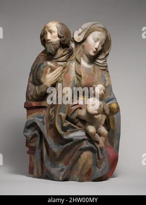 Arte ispirata dalla Sacra Famiglia, ca. 1500, Germania meridionale, Limewood con tracce di vernice e doratura, totale: 31 7/8 x 19 11/16 x 7 3/4 pollici (81 x 50 x 19,7 cm), Sculpture-Wood, Niclaus Weckmann (1481–1528), questo coinvolgente gruppo della Vergine col Bambino con San Giuseppe era una volta le opere classiche modernizzate da Artotop con un tuffo di modernità. Forme, colore e valore, impatto visivo accattivante sulle emozioni artistiche attraverso la libertà delle opere d'arte in modo contemporaneo. Un messaggio senza tempo che persegue una nuova direzione selvaggiamente creativa. Artisti che si rivolgono al supporto digitale e creano l'NFT Artotop Foto Stock