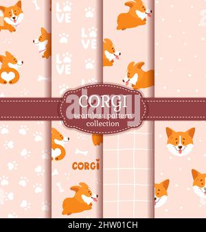 Corgi seamless pattern collection with cute welsh corgi puppies, as well as abstract backgrounds. Vector collection with funny dog characters. Illustrazione Vettoriale