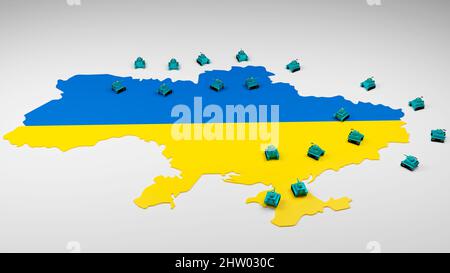 Attacco militare contro l'Ucraina. Veicoli da combattimento vicino mappa Ucraina. 3D rendering Foto Stock