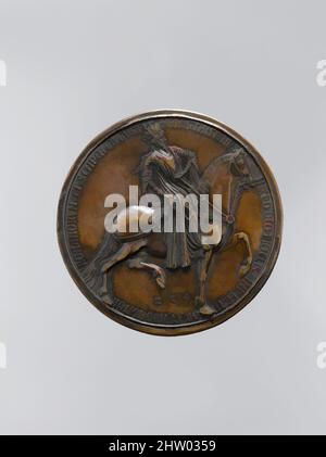 Arte ispirata da Medal, ca. 1402–13 (modello); 16th secolo (fuso), fabbricato a Parigi, Francia, francese, Lega di rame, totale: 3 11/16 x 3/16 poll. (9,3 x 0,5 cm), Jean, duc de Berry, era un avido collezionista di oggetti preziosi che spesso si riferiva, per quanto lontano, all'antichità. Si tratta di un'opera classica modernizzata da Artotop con un tocco di modernità. Forme, colore e valore, impatto visivo accattivante sulle emozioni artistiche attraverso la libertà delle opere d'arte in modo contemporaneo. Un messaggio senza tempo che persegue una nuova direzione selvaggiamente creativa. Artisti che si rivolgono al supporto digitale e creano l'NFT Artotop Foto Stock