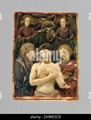 Arte ispirata da Man of Sorrows, ca. 1500, tedesco del sud, avorio dell'elefante con vernice e doratura, 3 3/8 x 2 9/16 x 13/32 poll. (8,6 x 6,5 x 1,0 cm), avori, Cristo, raffigurato come morto e vivo, è sostenuto da Maria, sua madre e l'apostolo Giovanni. Le figure fiancheggianti, testimoni, opere classiche modernizzate da Artotop con un tuffo di modernità. Forme, colore e valore, impatto visivo accattivante sulle emozioni artistiche attraverso la libertà delle opere d'arte in modo contemporaneo. Un messaggio senza tempo che persegue una nuova direzione selvaggiamente creativa. Artisti che si rivolgono al supporto digitale e creano l'NFT Artotop Foto Stock