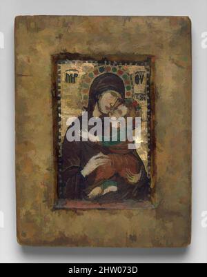 Arte ispirata da icona portatile con la Vergine Eleousa, primi del 1300s, realizzata probabilmente in Costantinopoli, bizantino, mosaico in miniatura in cera su pannello di legno, con oro, pietre multicolore, e rame dorato, totale: 4 7/16 x 3 3/8 x 1/2 pollici. (11,2 x 8,6 x 1,3 cm), mosaici, immagini della, opere classiche modernizzate da Artotop con un tuffo di modernità. Forme, colore e valore, impatto visivo accattivante sulle emozioni artistiche attraverso la libertà delle opere d'arte in modo contemporaneo. Un messaggio senza tempo che persegue una nuova direzione selvaggiamente creativa. Artisti che si rivolgono al supporto digitale e creano l'NFT Artotop Foto Stock