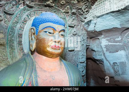 BIN, CINA - Tempio della Grotta della Contea di Bin (patrimonio mondiale dell'UNESCO). Un famoso Tempio nella Contea di Bin, Shaanxi, Cina. Foto Stock