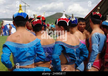 Lutte Mongole, Naadam, juillet jeux tradizionnels mongols, Mongolie, Asie Foto Stock