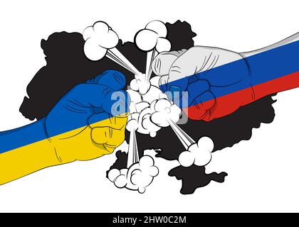 Conflitto tra Ucraina e Russia. Aggressione politica, militare, lotta, concetto di guerra con colori di bandiera sui pugni. Illustrazione Vettoriale