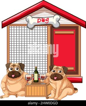 Due pugs bevendo il vino dall'illustrazione del doghouse Illustrazione Vettoriale