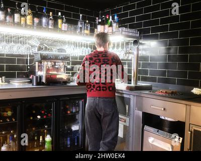 Donna che lavora al banco del bar in un ristorante moderno Foto Stock