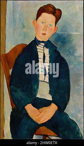 Arte ispirata a Boy in un pullover a righe, 1918, olio su tela, 36 x 21 1/2 poll. (91,4 x 54,6 cm), dipinti, Amedeo Modigliani (Italiano, Livorno 1884–1920 Parigi, opere classiche modernizzate da Artotop con un tuffo di modernità. Forme, colore e valore, impatto visivo accattivante sulle emozioni artistiche attraverso la libertà delle opere d'arte in modo contemporaneo. Un messaggio senza tempo che persegue una nuova direzione selvaggiamente creativa. Artisti che si rivolgono al supporto digitale e creano l'NFT Artotop Foto Stock