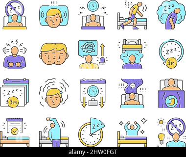 Insonnia persona cronica problema icone set vettore . Illustrazione Vettoriale