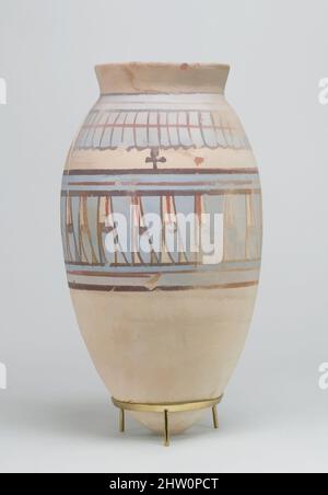 Arte ispirata al vaso dipinto di blu di Malqata, New Kingdom, Dynasty 18, ca. 1390–1353 a.C., dall'Egitto, dall'Egitto superiore, da Tebe, da Malqata, Palazzo di Amenhotep III, Casa A, 1910–11, ceramica (rossa), crema bianca, Paint, H. 31 cm (12 3/16 poll.), questo vaso di ceramica dipinta in blu è stato, opere classiche modernizzate da Artotop con un tuffo di modernità. Forme, colore e valore, impatto visivo accattivante sulle emozioni artistiche attraverso la libertà delle opere d'arte in modo contemporaneo. Un messaggio senza tempo che persegue una nuova direzione selvaggiamente creativa. Artisti che si rivolgono al supporto digitale e creano l'NFT Artotop Foto Stock