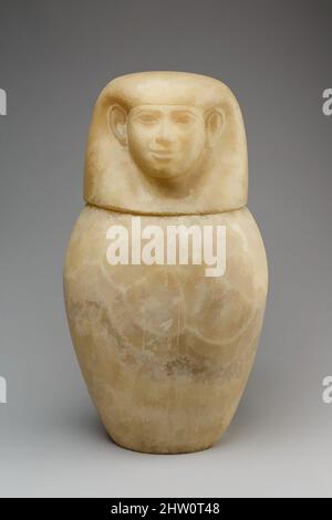 Arte ispirata a vaso Canopico con coperchio a testa umana, tardo periodo, Saite, Dinastia 26, 664–525 a.C., Forse dall'alto Egitto, Tebe; dall'Egitto, Ttravertino (alabastro egiziano), vaso con coperchio: H. 38 cm (14 15/16 in); Diam. 22 cm (8 11/16 poll.); vaso: H. 25,5 cm (10 1/16 poll.); D. 21,5 cm (, opere classiche modernizzate da Artotop con un tocco di modernità. Forme, colore e valore, impatto visivo accattivante sulle emozioni artistiche attraverso la libertà delle opere d'arte in modo contemporaneo. Un messaggio senza tempo che persegue una nuova direzione selvaggiamente creativa. Artisti che si rivolgono al supporto digitale e creano l'NFT Artotop Foto Stock