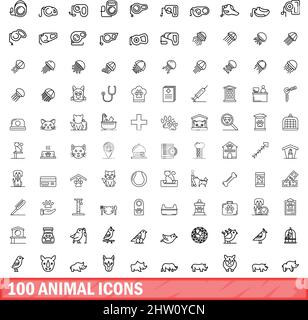100 icone animali impostate. Illustrazione di un vettore di 100 icone animali isolato su sfondo bianco Illustrazione Vettoriale