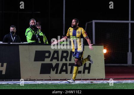 Limassol, Cipro Cipro. 02nd Mar 2022. Bruno Santos di AEL celebra il gol che ha segnato, Limassol, Cipro, il 2 marzo 2022. AEL ha vinto 2-0 contro Apollon per i playoff della Cyprus Cup e si è qualificata per le finali del quarto. (Foto di Kostas Pikoulas/Sipa USA) Credit: Sipa USA/Alamy Live News Foto Stock