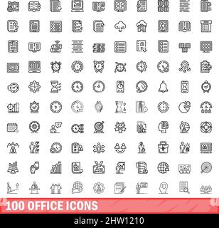 100 icone ufficio impostate. Illustrazione di un vettore di 100 icone per ufficio isolato su sfondo bianco Illustrazione Vettoriale