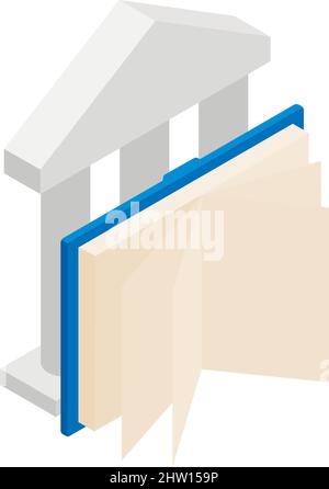 Icona di istruzione superiore vettore isometrico. Colonnato e libro aperto in copertina rigida. Apprendimento, formazione, istruzione, conoscenza Illustrazione Vettoriale