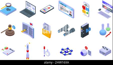 Le icone del case study impostano il vettore isometrico. Piattaforma di proposta. Studio del tutorial Illustrazione Vettoriale