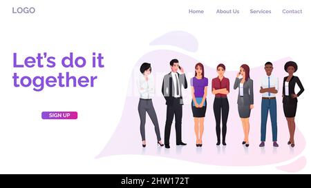 Landing page Web Design con personaggi aziendali in abiti eleganti per i vostri progetti Illustrazione Vettoriale