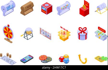 Le icone di sweepstake impostano il vettore isometrico. Attività casuale. Truffa della lotteria Illustrazione Vettoriale