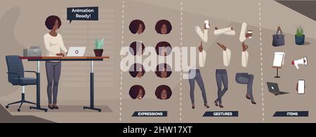 Set di personaggi business per l'animazione con Black Woman Illustration Illustrazione Vettoriale