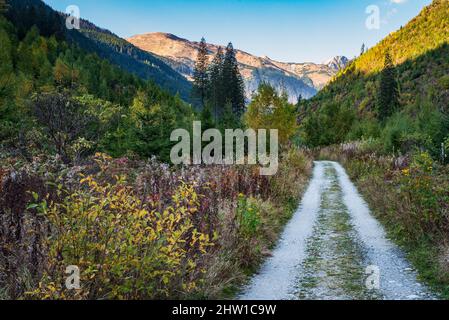 Jamnicka dolina valle con Baranec e Otry Rohac cime in Zapadne Tatry montagne in Slovacchia durante la bella giornata di autunno Foto Stock