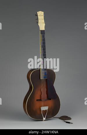 Arte ispirata alla chitarra acustica-elettrica, ca. 1933, Kalamazoo, Michigan, gli Stati Uniti, America, Abete rosso, acero, mogano, ebano, altezza: 39 1/8 cm (99,4 cm), Chordophone-Lute-Prucked-Frotted, vivi-Tone (americano), la chitarra elettrica Vivi-Tone fu uno dei primi modelli elettrici, opere classiche modernizzate da Artotop con un tuffo di modernità. Forme, colore e valore, impatto visivo accattivante sulle emozioni artistiche attraverso la libertà delle opere d'arte in modo contemporaneo. Un messaggio senza tempo che persegue una nuova direzione selvaggiamente creativa. Artisti che si rivolgono al supporto digitale e creano l'NFT Artotop Foto Stock