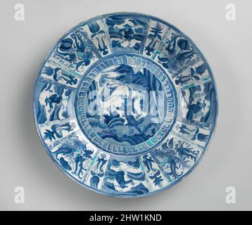 Arte ispirata a piatto con guerriero, dinastia Ming (1368–1644), periodo Chongzhen (1627–44), Cina, porcellana dipinta con blu cobalto sotto uno smalto trasparente (Jingdezhen Kraak ware), H. 4 pollici. (10,2 cm); Diam. 18 5/8 poll. (47,3 cm); diam. Di piede 10 1/2 poll. (26,7 cm), Ceramica, il, opere classiche modernizzate da Artotop con un tuffo di modernità. Forme, colore e valore, impatto visivo accattivante sulle emozioni artistiche attraverso la libertà delle opere d'arte in modo contemporaneo. Un messaggio senza tempo che persegue una nuova direzione selvaggiamente creativa. Artisti che si rivolgono al supporto digitale e creano l'NFT Artotop Foto Stock