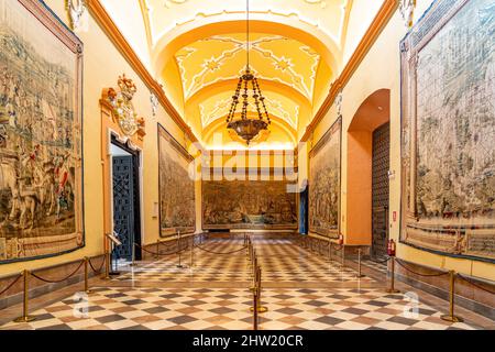 Salón de los Tapices Saal der Wandteppiche, Königspalast Alcázar, Sevilla Andalusia, Spanien | Salón de los Tapices Sala degli Arazzi, il Royal al Foto Stock