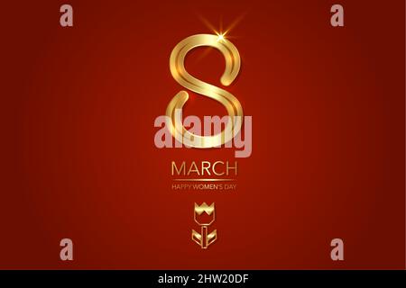 Otto d'oro, 8 marzo cartolina di lusso. Scritte dorate lucide. Cifra otto in lamina d'oro su sfondo rosso. Giornata internazionale delle donne incandescente Illustrazione Vettoriale