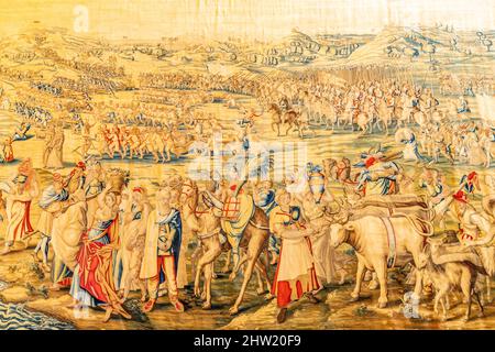 Wandteppich im Salón de los Tapices Saal der Wandteppiche, Königspalast Alcázar, Sevilla Andalusien, Spanien | Salón de los Tapices Roo degli Arazzi Foto Stock