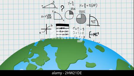 Immagine del globo rispetto alle equazioni matematiche nel quaderno della scuola Foto Stock