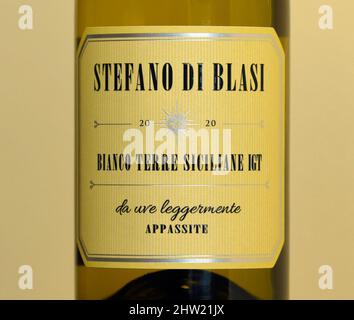 Etichetta del vino. Stefano di Blasi. Bianco Terre Siciliane IGT. Da uve legali. Appassite. 2020. Foto Stock