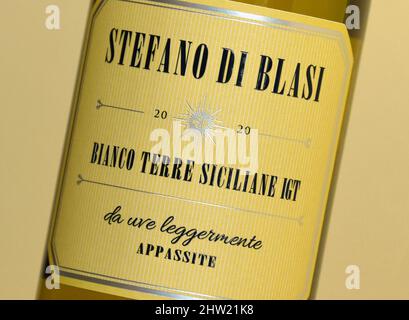 Etichetta del vino. Stefano di Blasi. Bianco Terre Siciliane IGT. Da uve legali. Appassite. 2020. Foto Stock