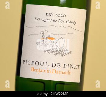 Etichetta del vino. Benjamin Darnault. Picpoul De Pinet. Asciutto 2020. Les vignes de Cyr Gaudy. Foto Stock