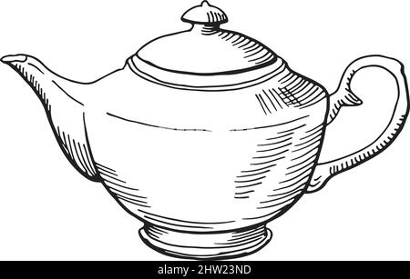 Schizzo a teiera. Vaso da tè in ceramica classico disegnato a mano Illustrazione Vettoriale