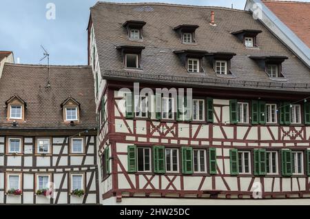 Historic half-timbered houses, house facade, Weinheim, Baden-Wuerttemberg, Germany Foto Stock
