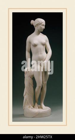 Arte ispirata al greco Slave, 1849, made in England, American, porcellana Parian, H. 14 1/2 poll. (36,8 cm); Diam. 4 poll. (10,2 cm), Ceramics, dopo Hiram Powers (American, Woodstock, Vermont 1805–1873 Firenze), a partire dalla fine del 1840s, versioni del marmo greco di Hiram Powers, opere classiche modernizzate da Artotop con un tuffo di modernità. Forme, colore e valore, impatto visivo accattivante sulle emozioni artistiche attraverso la libertà delle opere d'arte in modo contemporaneo. Un messaggio senza tempo che persegue una nuova direzione selvaggiamente creativa. Artisti che si rivolgono al supporto digitale e creano l'NFT Artotop Foto Stock