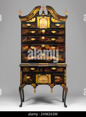 Art Inspired by High Chest of Cassetters, 1730–60, Made in Boston, Massachusetts, Stati Uniti, Americano, acero, betulla, pino bianco, 86 1/2 x 40 x 21 1/2 pollici (219,7 x 101,6 x 54,6 cm), Mobili, Japanning, l'uso di vernice e gesso dorato per imitare la finitura lucida su Asian, opere classiche modernizzate da Artotop con un tuffo di modernità. Forme, colore e valore, impatto visivo accattivante sulle emozioni artistiche attraverso la libertà delle opere d'arte in modo contemporaneo. Un messaggio senza tempo che persegue una nuova direzione selvaggiamente creativa. Artisti che si rivolgono al supporto digitale e creano l'NFT Artotop Foto Stock