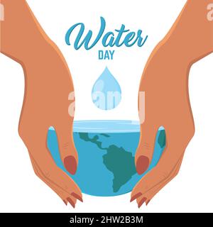 Il poster del giorno dell'acqua tiene le mani del globo terrestre con l'illustrazione del vettore dell'acqua Illustrazione Vettoriale