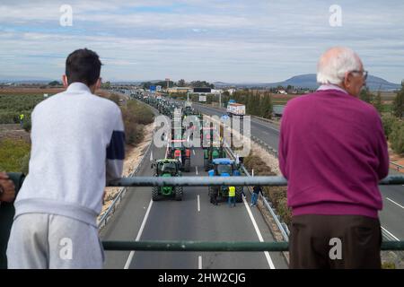 Malaga, Spagna. 03rd Mar 2022. La gente osserva gli agricoltori che guidano i trattori mentre prendono parte a una protesta degli agricoltori e dei coltivatori. Centinaia di lavoratori con trattori hanno mobilitato un raduno che richiede misure decenti ed economiche per il settore agricolo, a causa dei crescenti costi di produzione. La crisi del settore rurale interesserebbe la regione andalusa per la sua importanza come settore strategico ed economico. Credit: SOPA Images Limited/Alamy Live News Foto Stock