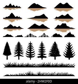 Collezione di slihouette di alberi e montagne Illustrazione Vettoriale