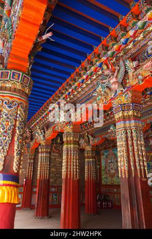 Dipinti del tempio del monastero tibetano dipinti splendidamente decorati a Serti Gampa in Langmusi / decorazione ornata dipinta e divinità / divinità importanti per la religione buddista, al monastero di Sertri Gompa / Dacanglang (Dacanglangmu Saichisi). Una famosa Lamaseria a Langmusi, provincia di Gansu, Cina PRC (125) Foto Stock