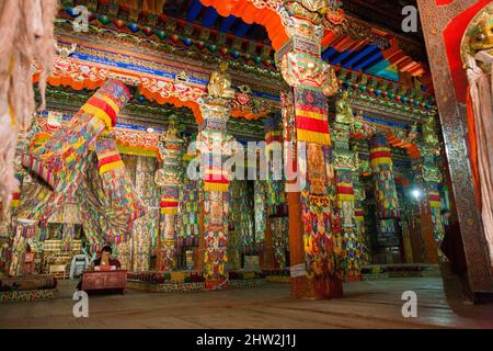 Dipinti del tempio del monastero tibetano dipinti splendidamente decorati a Serti Gampa in Langmusi / decorazione ornata dipinta e divinità / divinità importanti per la religione buddista, al monastero di Sertri Gompa / Dacanglang (Dacanglangmu Saichisi). Una famosa Lamaseria a Langmusi, provincia di Gansu, Cina PRC (125) Foto Stock