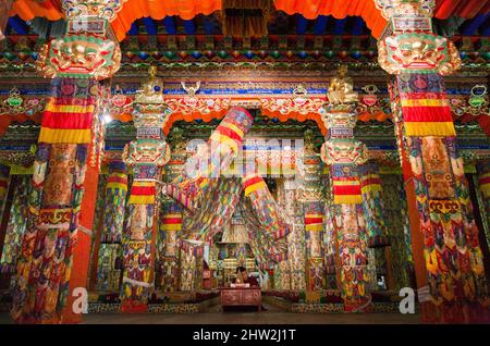 Dipinti del tempio del monastero tibetano dipinti splendidamente decorati a Serti Gampa in Langmusi / decorazione ornata dipinta e divinità / divinità importanti per la religione buddista, al monastero di Sertri Gompa / Dacanglang (Dacanglangmu Saichisi). Una famosa Lamaseria a Langmusi, provincia di Gansu, Cina PRC (125) Foto Stock