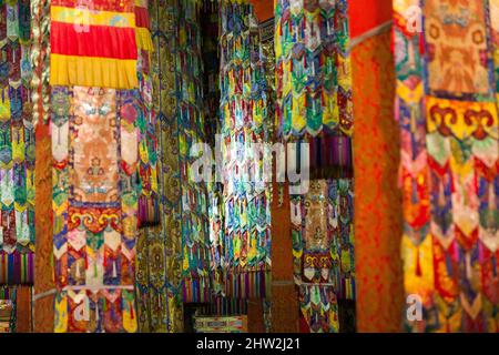 Dipinti del tempio del monastero tibetano dipinti splendidamente decorati a Serti Gampa in Langmusi / decorazione ornata dipinta e divinità / divinità importanti per la religione buddista, al monastero di Sertri Gompa / Dacanglang (Dacanglangmu Saichisi). Una famosa Lamaseria a Langmusi, provincia di Gansu, Cina PRC (125) Foto Stock