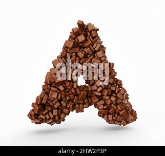 3D illustrazione della lettera A fatta di caramelle al cioccolato su sfondo bianco Foto Stock