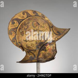 Arte ispirata a Burgonet, ca. 1550, francese, acciaio, oro, H. 14 poll. (35,6 cm); W. 8 1/4" (21 cm); D. 14 1/4" (36,2 cm); peso senza tampone 4 lb. 3 once (1905 g), i caschi, i medaglioni su entrambi i lati della ciotola sono impressi con scene della mitologia greca raffiguranti la Battaglia di, opere classiche modernizzate da Artotop con un tuffo di modernità. Forme, colore e valore, impatto visivo accattivante sulle emozioni artistiche attraverso la libertà delle opere d'arte in modo contemporaneo. Un messaggio senza tempo che persegue una nuova direzione selvaggiamente creativa. Artisti che si rivolgono al supporto digitale e creano l'NFT Artotop Foto Stock