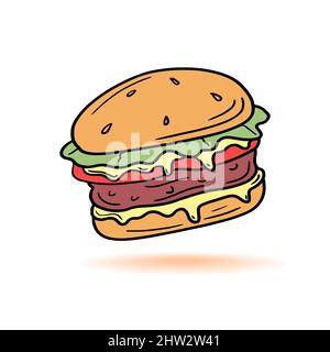 Hamburger Classic Burger American Cheeseburger con insalata di pomodoro formaggio di manzo e salsa isolato su sfondo bianco Illustrazione Vettoriale