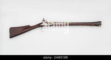 Arte ispirata a Flintlock Blunderbuss, datata Mauludi-era 1225/d.C. 1796–97, Srirangapatna, Karnataka, indiana, Mysore, Srirangapatna, acciaio, legno, argento, oro, Lega di rame, L. 40 3/8 poll. (102,5 cm); L. di barile 23 3/4" (60,2 cm); Cal. 1,75 (44,0 mm); peso 6 libbre (2741 g), armi da fuoco, opere classiche modernizzate da Artotop con un tuffo di modernità. Forme, colore e valore, impatto visivo accattivante sulle emozioni artistiche attraverso la libertà delle opere d'arte in modo contemporaneo. Un messaggio senza tempo che persegue una nuova direzione selvaggiamente creativa. Artisti che si rivolgono al supporto digitale e creano l'NFT Artotop Foto Stock